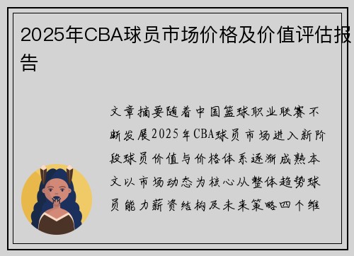 2025年CBA球员市场价格及价值评估报告